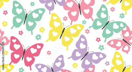 Colorful butterfly vector clipart seamless pattern with heart wings for kids and spring designs