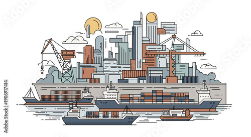 Shipping port city with cargo ships and cranes a bustling maritime hub.