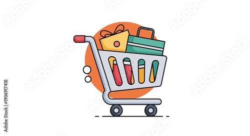 Shopping cart filled with gifts and presents ready for purchase.
