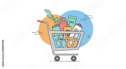 Shopping cart filled with groceries and various items ready for purchase and delivery.