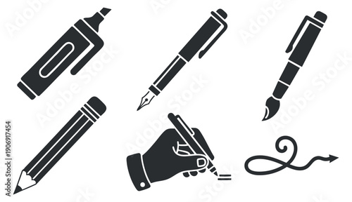 A collection of home office furniture illustrations in outline style, suitable for interior design projects and decor themes