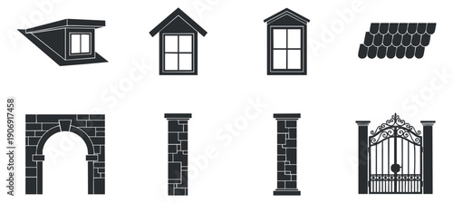 A collection of travel-related icons including airplane, passport, suitcase, maps, and health insurance in black and white flat vector style, suitable for travel planning projects