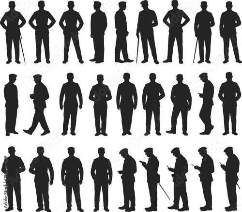 Male security guard silhouette collection, standing and walking men poses, uniformed professional figures, authority and safety concept, isolated black vector illustration