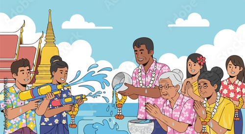 Illustration of a festival with people, water guns, and water being poured