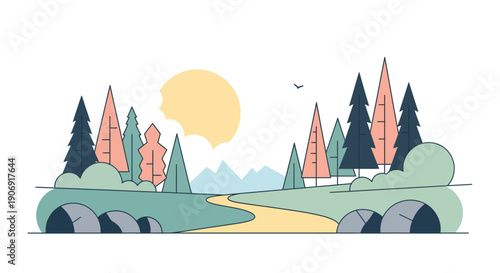 Stylized illustration of a scenic landscape with trees sun and a winding path perfect for nature enthusiasts.