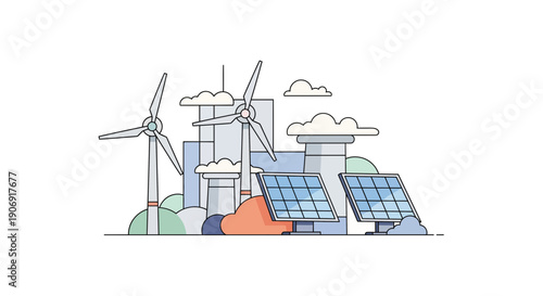 Sustainable energy sources powering a modern city with wind turbines and solar panels.