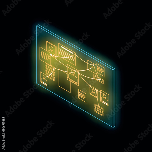 Neon glowing holographic interface displaying profiles and connections between people, visualizing social network and data exchange