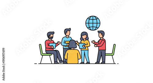 Team members discussing global issues and strategies for the future.