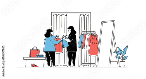 Two women shopping for clothes in a boutique choosing outfits together.