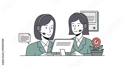 Two women working together in a customer service call center environment.