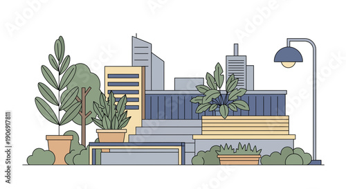 Urban landscape illustration featuring buildings plants and streetlights a modern city scene.