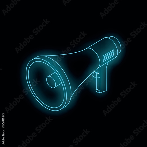 Glowing blue neon megaphone symbolizing communication, announcement, and important message
