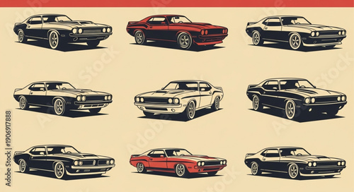 Collection of Vintage American Muscle Cars in Various Colors.