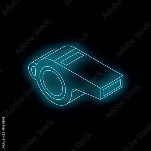 Neon blue whistle glowing on dark background, representing referee authority, emergency alerts, and important signals