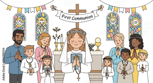 Illustration of a First Communion ceremony in a church with people