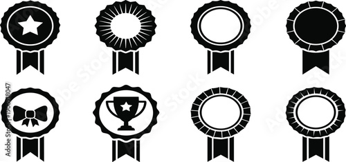 Set of black and white award ribbon icons with star, trophy, bow, sunburst, scalloped edges, segmented borders for recognition and achievement
