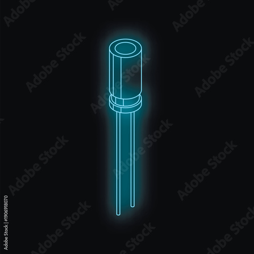 Neon blue capacitor glowing on dark background, representing electronic components and circuits