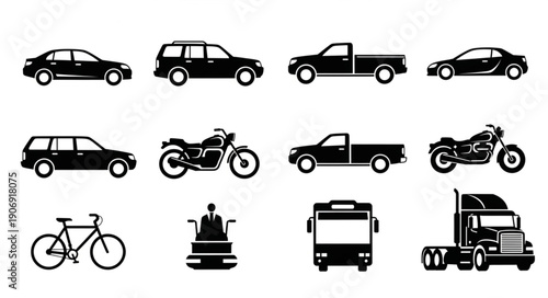 Collection of various vehicle silhouettes including cars motorcycles and trucks.