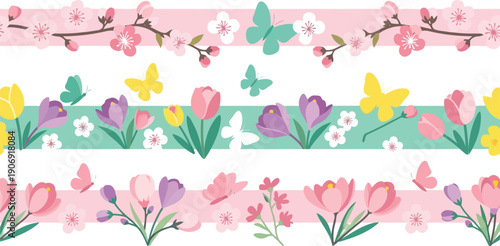 Spring floral border vector clipart with tulips, cherry blossoms, butterflies, pastel seamless pattern