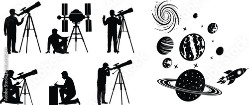 Astronomy observation silhouette set, astronomers using telescopes with planets galaxies rockets, space science vector icons isolated on white background