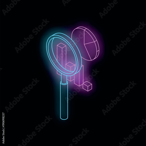 Neon magnifying glass inspecting glowing bar graph and pie chart, symbolizing financial analysis and market research