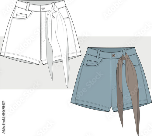 Women's Denim Shorts belt scarf detail. Jeans Shorts vector, Fashion Flat Sketch, illustration. CAD, Technical Drawing, Flat Drawing, Template, Mockup.