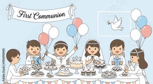 Illustration of a First Communion, people at a table