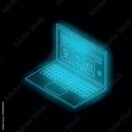 Neon blue isometric laptop displaying online recruitment platform with candidate profiles, representing modern hiring processes