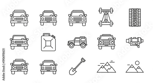 Collection of vehicle and outdoor adventure icons.
