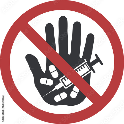 Say no to drugs raised hand with syringe crossed out in red circle for safe