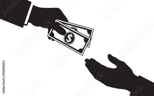 Black Silhouette of Hand Giving Cash Dollar Bills to Another Person on White Background