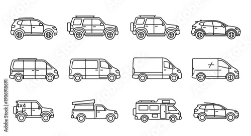 Collection of vehicle outlines including SUVs vans and cars.