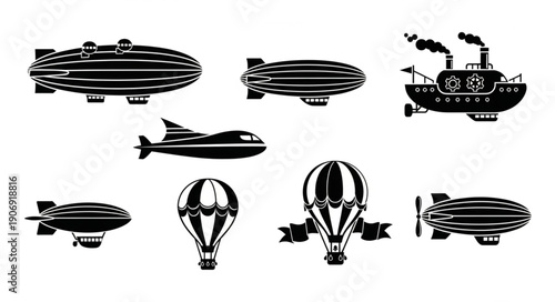 Collection of vintage airships and hot air balloons in silhouette.