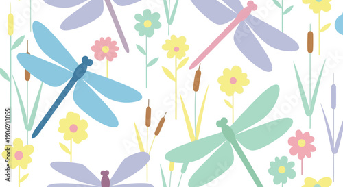 Dragonfly vector clipart seamless pattern with pastel flowers and reeds for spring backgrounds