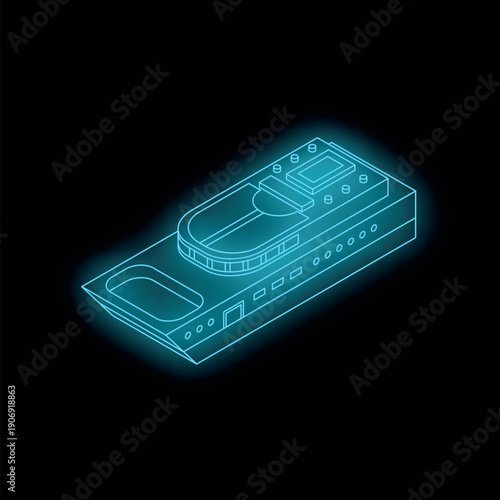 Neon blue isometric yacht glowing on a dark background, symbolizing luxury travel and maritime adventures