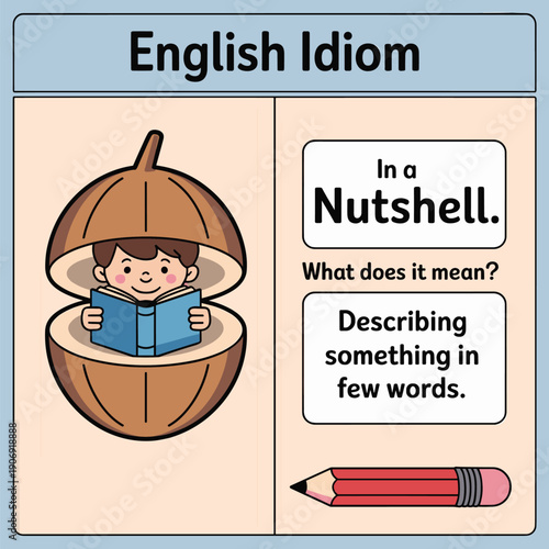 In a nutshell English idiom poster with child reading inside nut, educational language illustration isolated on white background