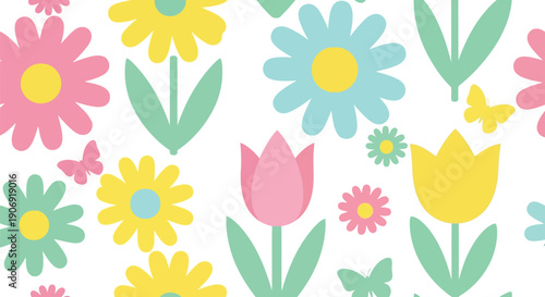 Spring floral seamless pattern vector clipart with pastel flowers and tulips for backgrounds