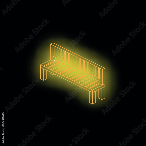 Neon yellow bench glowing on black background, isometric projection