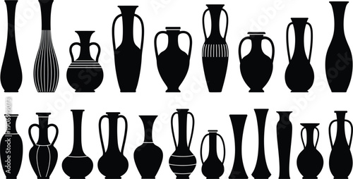 Decorative vase silhouette collection, antique ceramic pottery shapes, classic interior decor objects illustration set, isolated black vector design elements