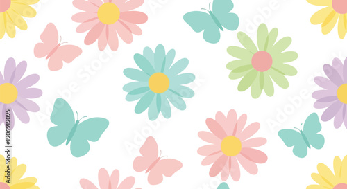 Spring pastel flowers and butterflies seamless pattern vector clipart for kids and nursery decor