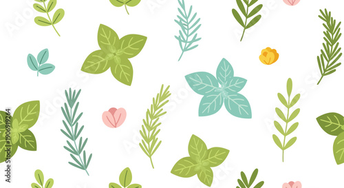 Herbal leaves seamless pattern vector clipart with green foliage and floral elements