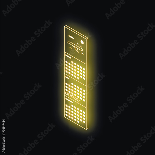 Glowing isometric illustration of online flight booking app displaying airplane, calendar, and passenger details