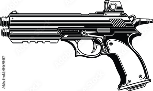 Futuristic sci fi handgun illustration, advanced weapon concept art, detailed mechanical firearm design, fantasy gun vector drawing, flavector