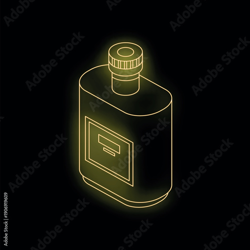Isometric view of a glowing neon yellow perfume bottle on a black background, representing beauty, fragrance, and luxury