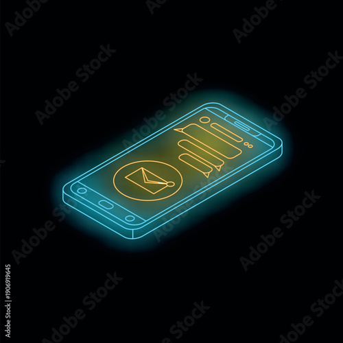 Isometric view of a smartphone with email and chat message notification, glowing neon style on a dark background