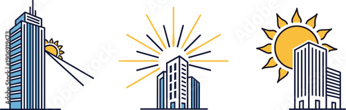 Modern city skyline with sun icons representing growth and new beginnings