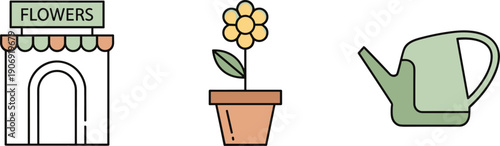 Simple icons representing a flower shop, potted plant, and watering can on a white background