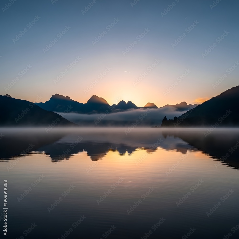 Obraz premium Panoramic mountain silhouette sunset reflecting in foggy lake water