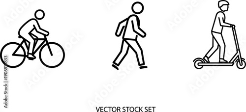 Vector icons of a person cycling, walking, and riding a scooter on a white background