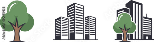 Green city concept with trees and modern buildings in a row